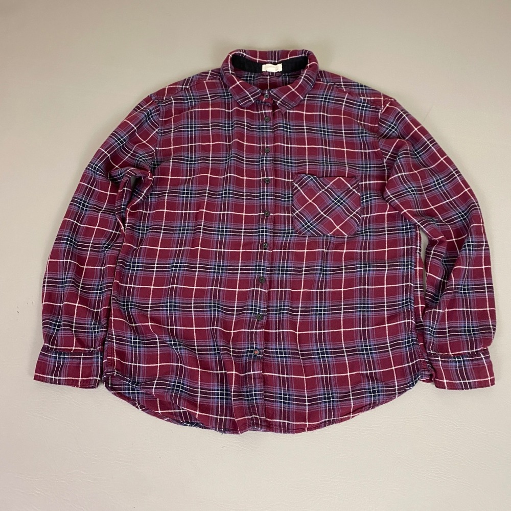 GARAGE‎ Flannel Shirt Women's Size Large Burgundy Plaid Button Down Long Sleeve